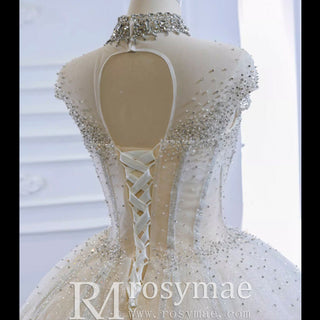 High O-neck Sparkly Ball Gown Wedding Dress with Keyhole Back - Rosymae