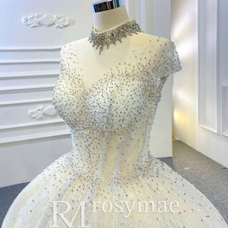 High O-neck Sparkly Ball Gown Wedding Dress with Keyhole Back - Rosymae