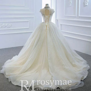 High O-neck Sparkly Ball Gown Wedding Dress with Keyhole Back - Rosymae