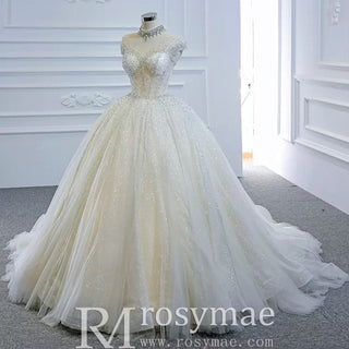 High O-neck Sparkly Ball Gown Wedding Dress with Keyhole Back - Rosymae