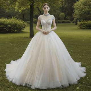 High O-neck Sparkly Ball Gown Wedding Dress with Keyhole Back - Rosymae