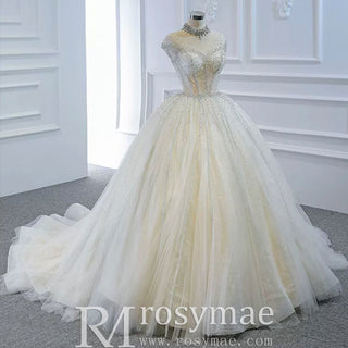 High O-neck Sparkly Ball Gown Wedding Dress with Keyhole Back - Rosymae