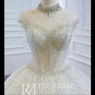High O-neck Sparkly Ball Gown Wedding Dress with Keyhole Back - Rosymae