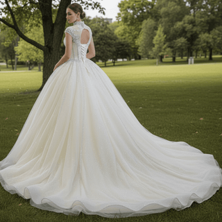 High O-neck Sparkly Ball Gown Wedding Dress with Keyhole Back - Rosymae