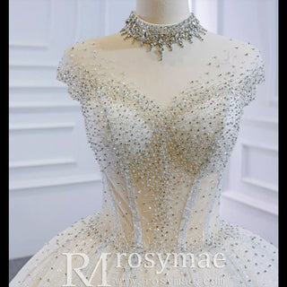 High O-neck Sparkly Ball Gown Wedding Dress with Keyhole Back - Rosymae
