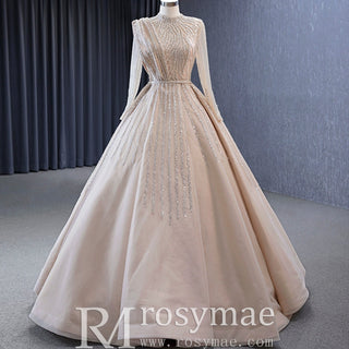 High O-neck Sparkly Beaded Formal Dress Prom Gown with Long Sleeve - Rosymae