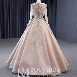 High O-neck Sparkly Beaded Formal Dress Prom Gown with Long Sleeve - Rosymae