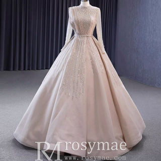 High O-neck Sparkly Beaded Formal Dress Prom Gown with Long Sleeve - Rosymae