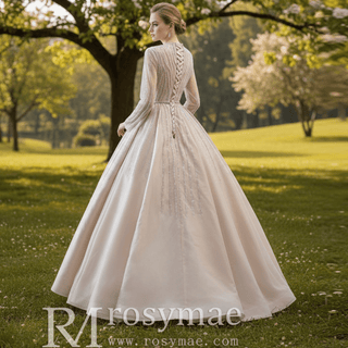 High O-neck Sparkly Beaded Formal Dress Prom Gown with Long Sleeve - Rosymae