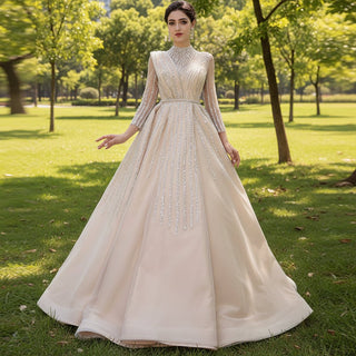 High O-neck Sparkly Beaded Formal Dress Prom Gown with Long Sleeve - Rosymae
