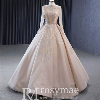 High O-neck Sparkly Beaded Formal Dress Prom Gown with Long Sleeve - Rosymae