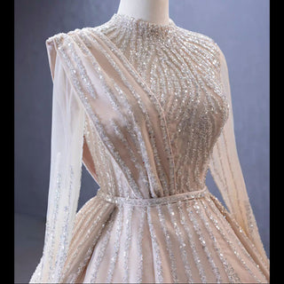 High O-neck Sparkly Beaded Formal Dress Prom Gown with Long Sleeve - Rosymae