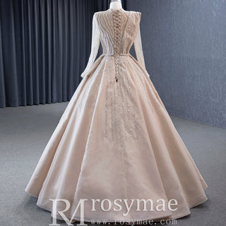 High O-neck Sparkly Beaded Formal Dress Prom Gown with Long Sleeve - Rosymae