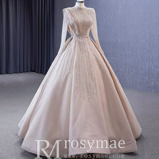 High O-neck Sparkly Beaded Formal Dress Prom Gown with Long Sleeve - Rosymae