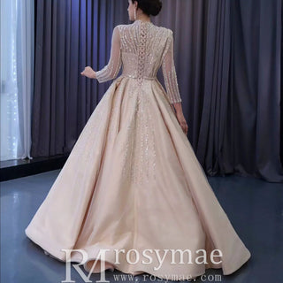 High O-neck Sparkly Beaded Formal Dress Prom Gown with Long Sleeve - Rosymae