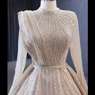 High O-neck Sparkly Beaded Formal Dress Prom Gown with Long Sleeve - Rosymae