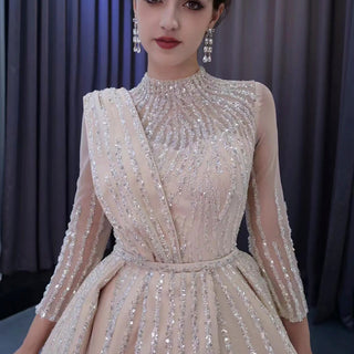 High O-neck Sparkly Beaded Formal Dress Prom Gown with Long Sleeve - Rosymae