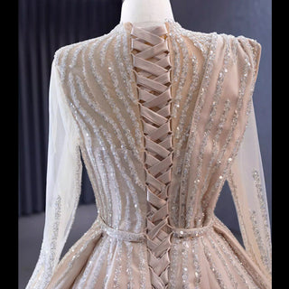 High O-neck Sparkly Beaded Formal Dress Prom Gown with Long Sleeve - Rosymae