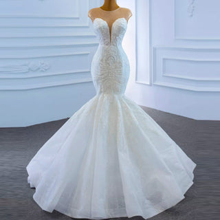 High Sheer Back Beaded Lace Trumpet Wedding Dress with Cap Sleeve - Rosymae