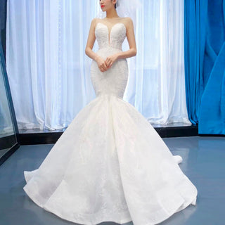 High Sheer Back Beaded Lace Trumpet Wedding Dress with Cap Sleeve - Rosymae