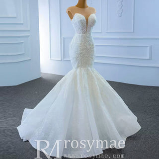 High Sheer Back Beaded Lace Trumpet Wedding Dress with Cap Sleeve - Rosymae