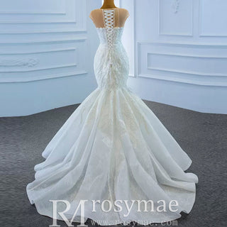 High Sheer Back Beaded Lace Trumpet Wedding Dress with Cap Sleeve - Rosymae
