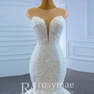 High Sheer Back Beaded Lace Trumpet Wedding Dress with Cap Sleeve - Rosymae