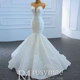 High Sheer Back Beaded Lace Trumpet Wedding Dress with Cap Sleeve - Rosymae