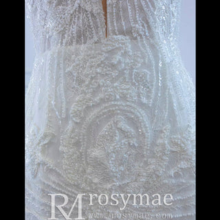 High Sheer Back Beaded Lace Trumpet Wedding Dress with Cap Sleeve - Rosymae