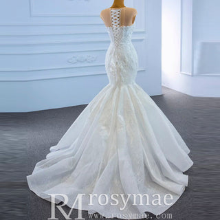 High Sheer Back Beaded Lace Trumpet Wedding Dress with Cap Sleeve - Rosymae