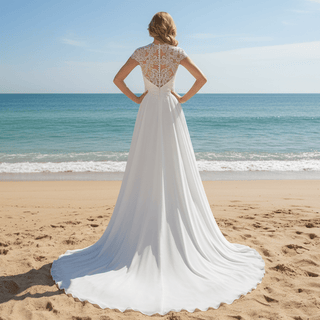 High Sheer O Neck Lace Chiffon A-line Bridal Gown Wedding Dress - Rosymae