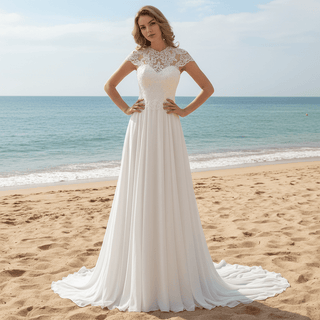 High Sheer O Neck Lace Chiffon A-line Bridal Gown Wedding Dress - Rosymae