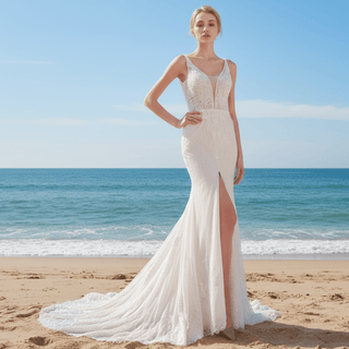 High Side Slit Mermaid Wedding Dresses with Deep V-Neck - Rosymae