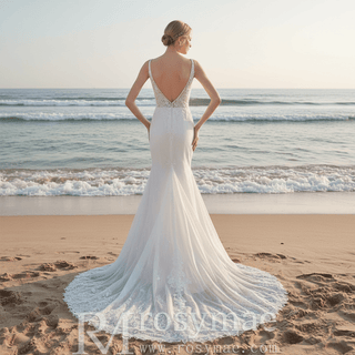 High Side Slit Mermaid Wedding Dresses with Deep V-Neck - Rosymae