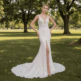 High Side Slit Mermaid Wedding Dresses with Deep V-Neck - Rosymae