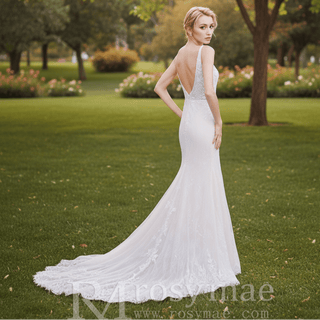 High Side Slit Mermaid Wedding Dresses with Deep V-Neck - Rosymae