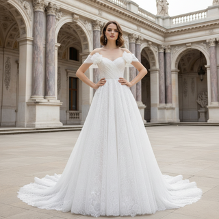 Hobo Flowy Sleeve A-line Lace Tulle Bridal Gown Wedding Dress