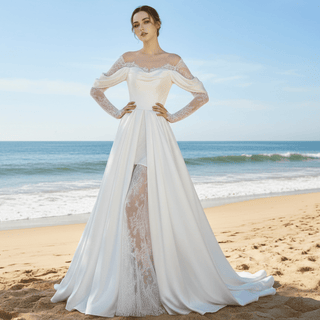 Hobo Off Shoulder Long Sleeve Satin Sheer Bridal Wedding Dress - Rosymae