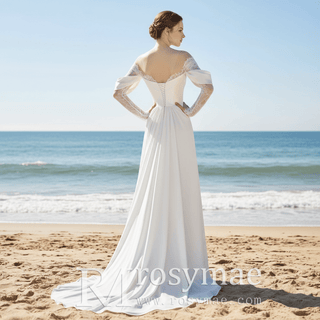 Hobo Off Shoulder Long Sleeve Satin Sheer Bridal Wedding Dress - Rosymae