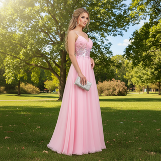 Classic Vneck Pink Tulle A Line Long Prom Dress with Spaghetti Straps