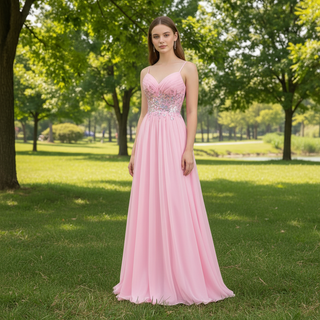 Classic Vneck Pink Tulle A Line Long Prom Dress with Spaghetti Straps