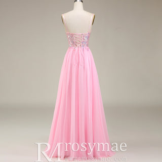 Classic Vneck Pink Tulle A Line Long Prom Dress with Spaghetti Straps