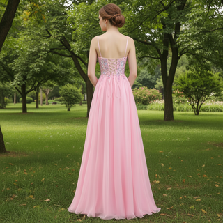 Classic Vneck Pink Tulle A Line Long Prom Dress with Spaghetti Straps