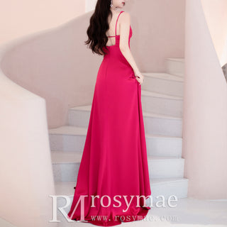 Hot Pink V-neck Prom Dress Fomal Gown with Ruched