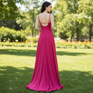 Hot Pink V-neck Prom Dress Fomal Bridesmaid Gown with Ruched Rosymae Hot Pink V-neck Prom Dress Fomal Bridesmaid Gown with Ruched Rosymae