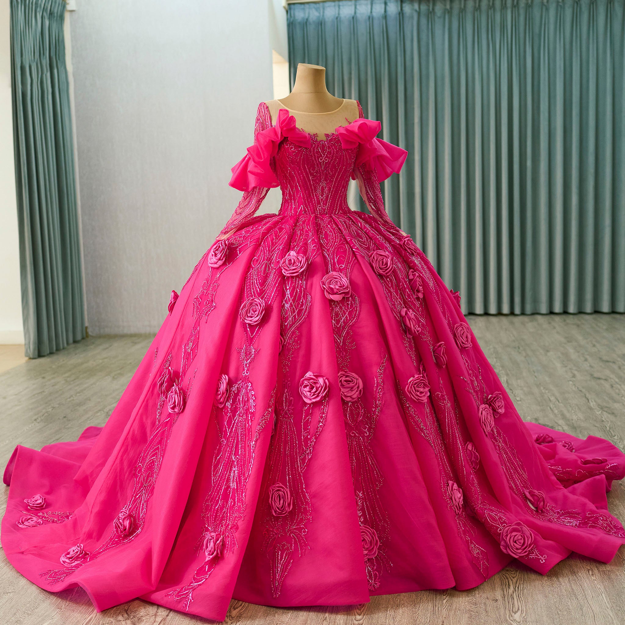 Elegant Hot Pink Long Sleeve 3D Flowers Floral Quinceañera Dress Hot Pink / 18W Elegant Hot Pink Long Sleeve 3D Flowers Floral Quinceañera Dress Hot Pink / 18W