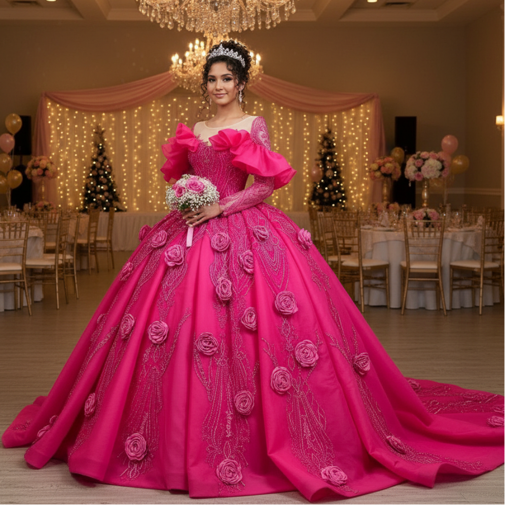 Elegant Hot Pink Long Sleeve 3D Flowers Floral Quinceañera Dress Hot Pink / 18W Elegant Hot Pink Long Sleeve 3D Flowers Floral Quinceañera Dress Hot Pink / 18W