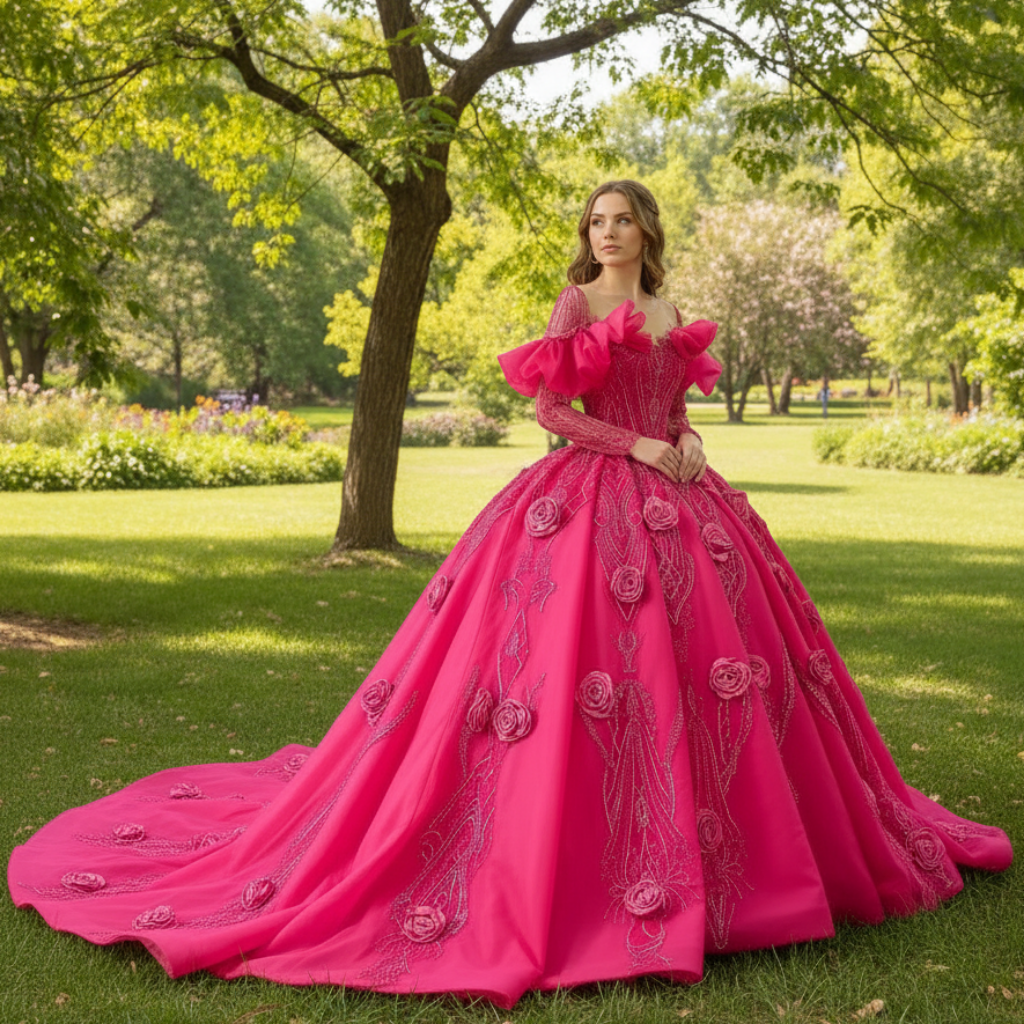 Elegant Hot Pink Long Sleeve 3D Flowers Floral Quinceaera Dress Rosymae Elegant Hot Pink Long Sleeve 3D Flowers Floral Quinceaera Dress Rosymae