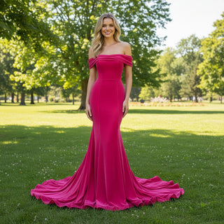 Hot Pink Velvet Off the Shoulder Mermaid Formal Dress Party Dress - Rosymae