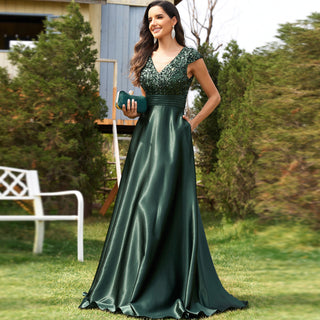 Women's Elegant Sequin Satin Prom Dress Evening Gown with Cap Sleeve
